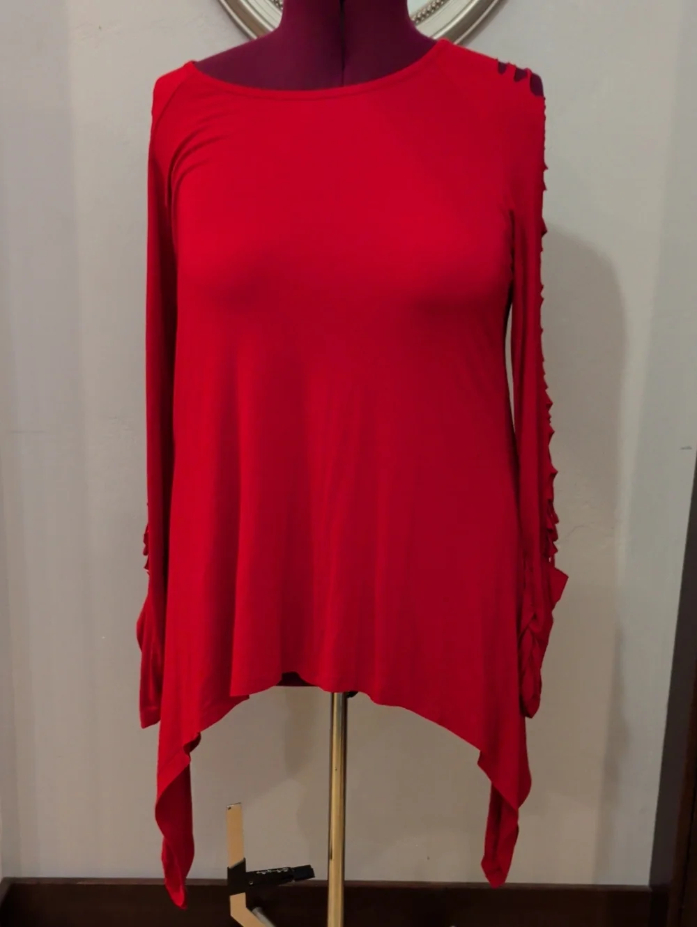 Women’s Red Long-Sleeve Asymmetrical Tunic with Slit-Sleeve Detail
